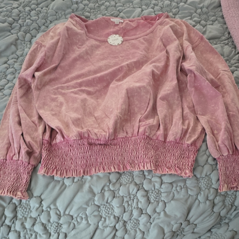 Oddy Pink Long Sleeve Top with Smocked Hem NWT